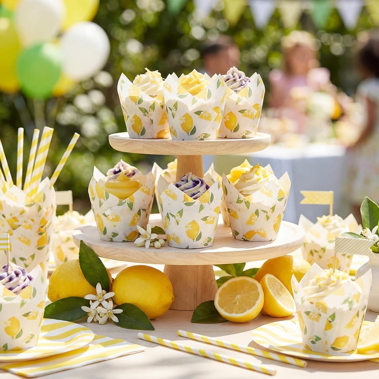 200 Pcs Lemon Flower Tulip Cupcake Liners for Baking Yellow Fruit Paper Muffin Baking Cups Fruit Theme Tulip Muffin Liners Wrappers for Summer Baby Shower Wedding Birthday Spring Party