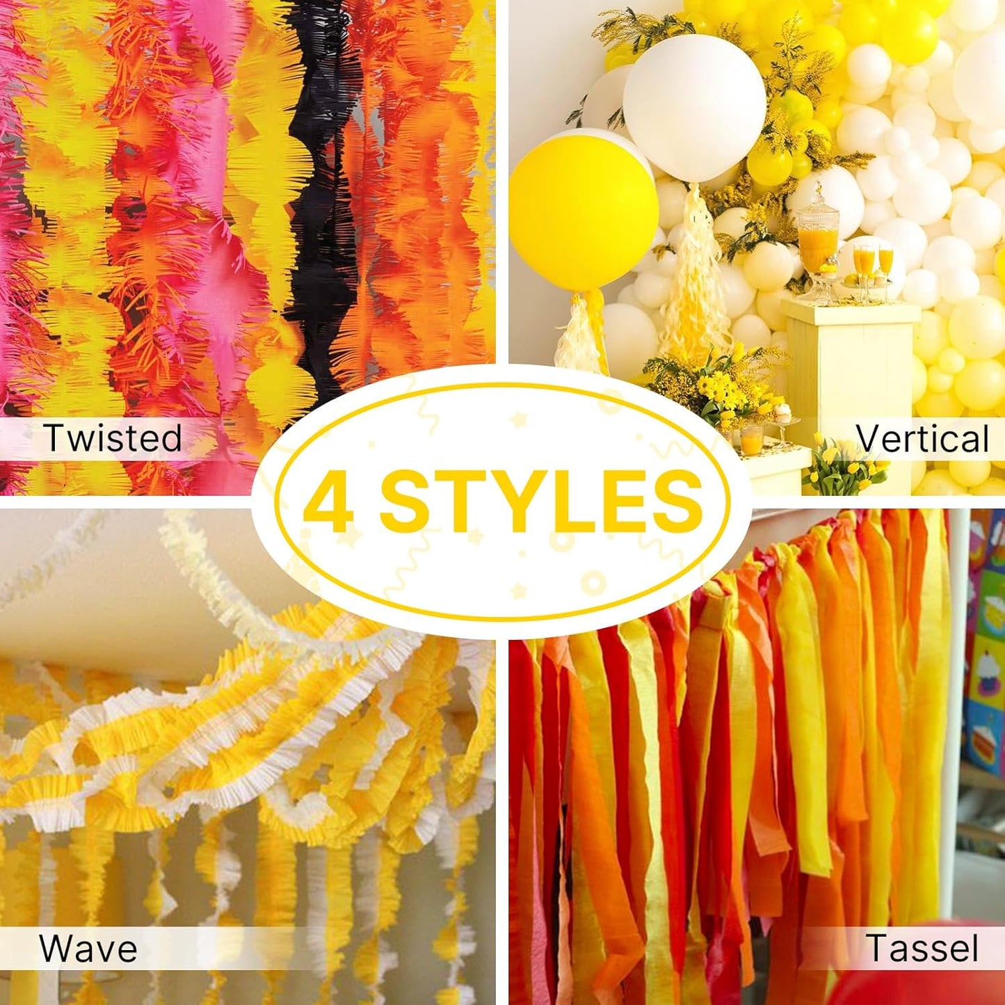 Yellow Crepe Paper Streamers 4pcs 328 FT Yellow Streamers | Wedding Birthday Baby Shower Graduation Bridal Shower Anniversary Engagement Retirement Bachelorette Party Decorations