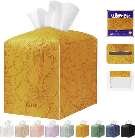 Square Tissue Cube Cover PU Leather Tissue Organizer with Bottom Belt for Bathroom, Tabletop, Kitchen, Night Stands, Office, Home, Car (RetroYellow)