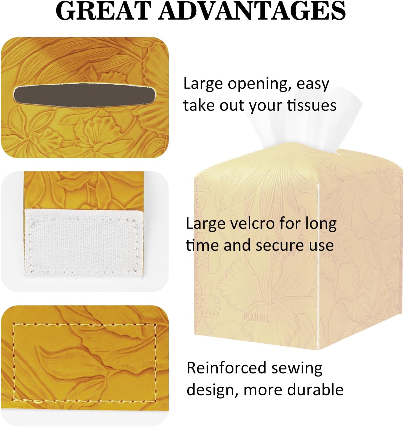 Square Tissue Cube Cover PU Leather Tissue Organizer with Bottom Belt for Bathroom, Tabletop, Kitchen, Night Stands, Office, Home, Car (RetroYellow)