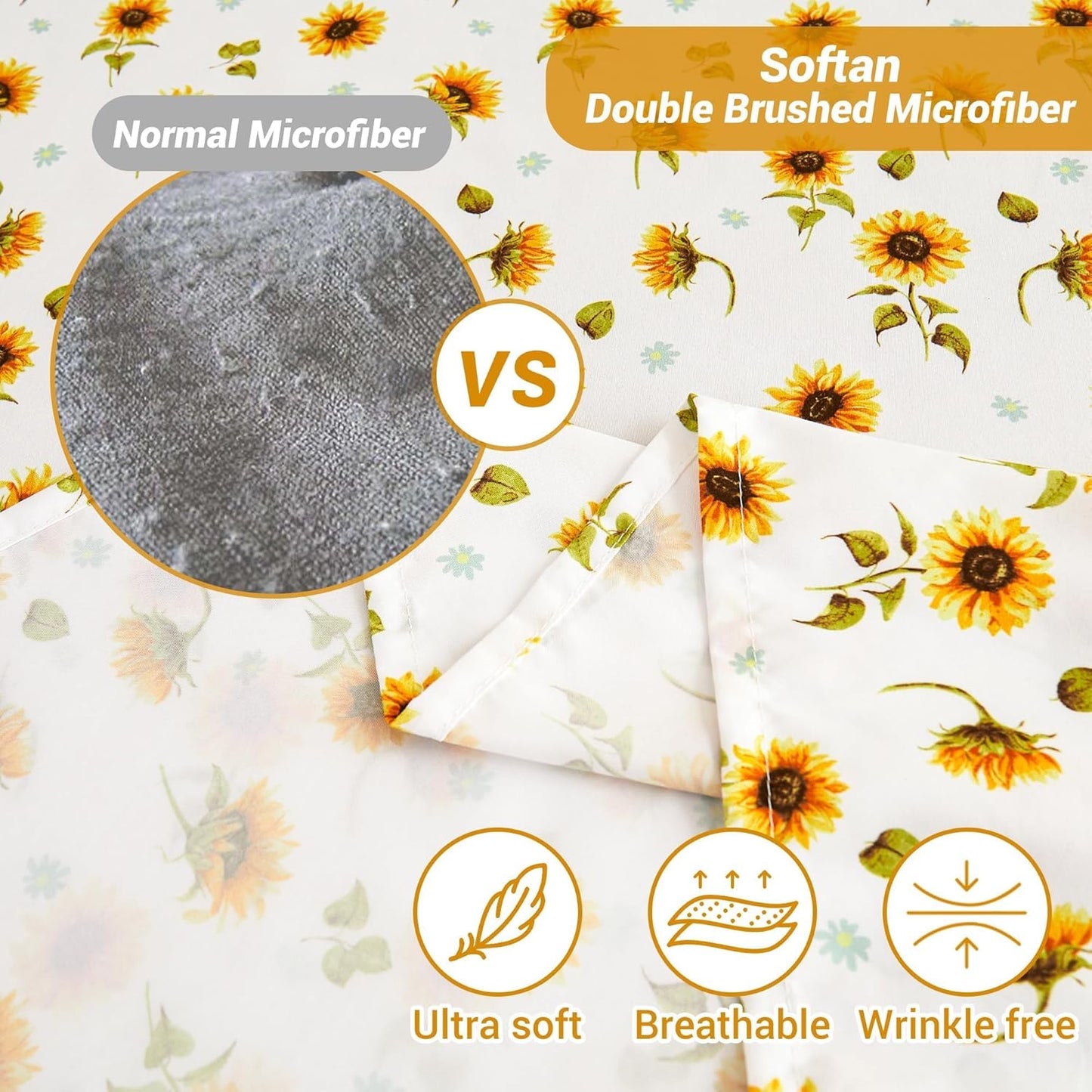 Floral Sheet Set Full, Sunflower Printed Bed Sheets Double, Brushed Microfiber Fitted Sheet with 15" Deep Pocket & Non-Slip Straps, Yellow Flower Pattern Sheet & Pillowcase Sets