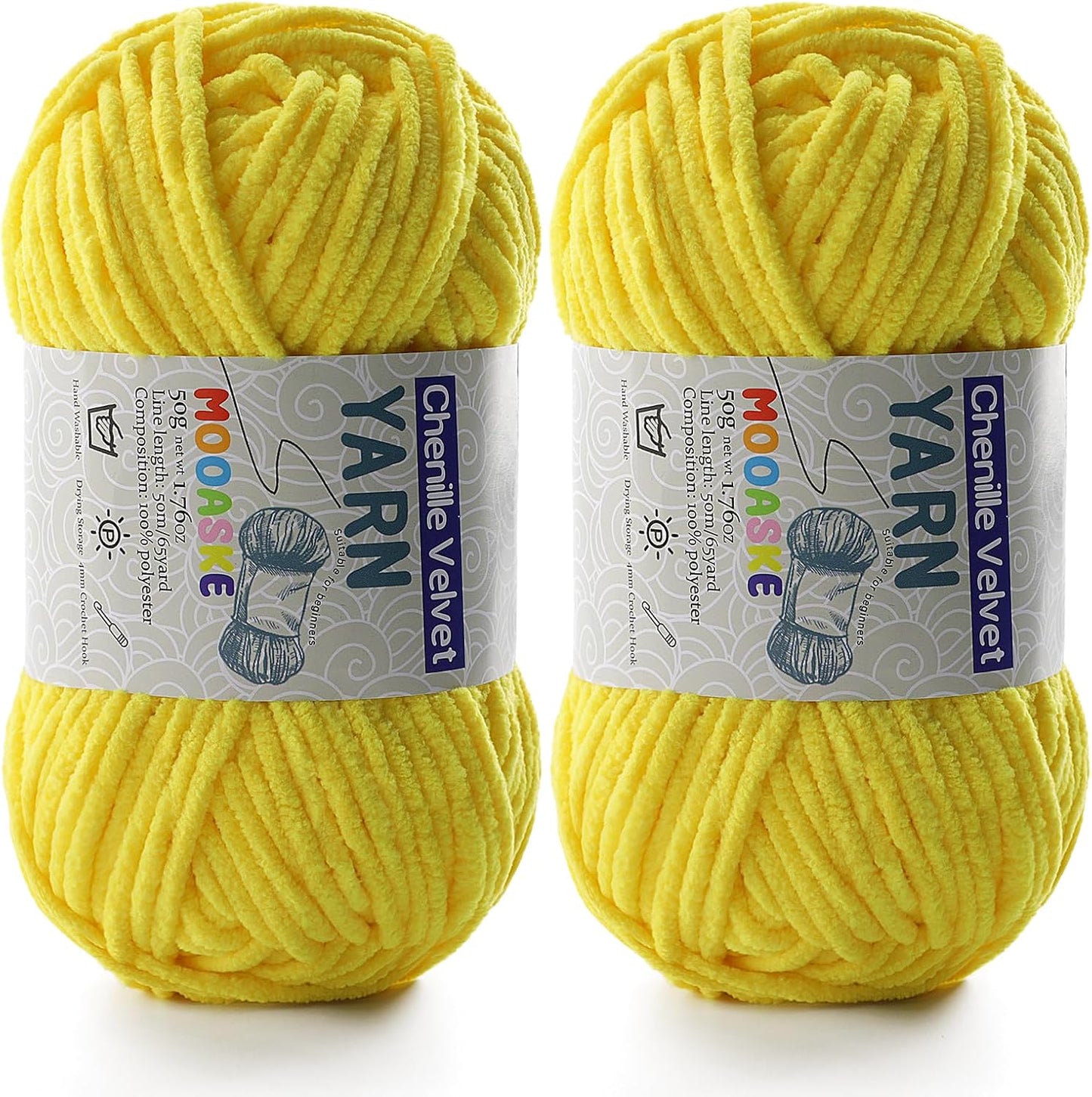 Chenille Yarn for Crocheting - Soft Blanket Yarn - 50g/1.76oz, 60m/65yard (Yellow)