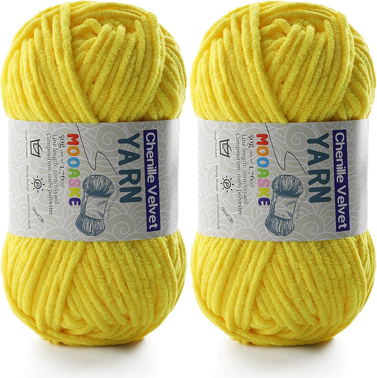Chenille Yarn for Crocheting - Soft Blanket Yarn - 50g/1.76oz, 60m/65yard (Yellow)