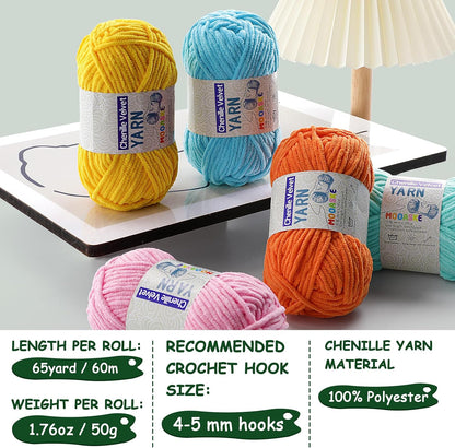 Chenille Yarn for Crocheting - Soft Blanket Yarn - 50g/1.76oz, 60m/65yard (Yellow)