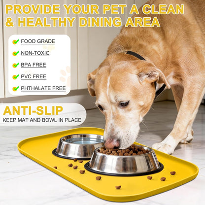 Waterproof Silicone Pet Food Mat with Raised Edge for Dog & Cat | 19" x 12" Non-Slip Pet Feeding Mats with Lip for Food & Water Bowl, Food Grade, Easy Cleaning, Vivid Yellow