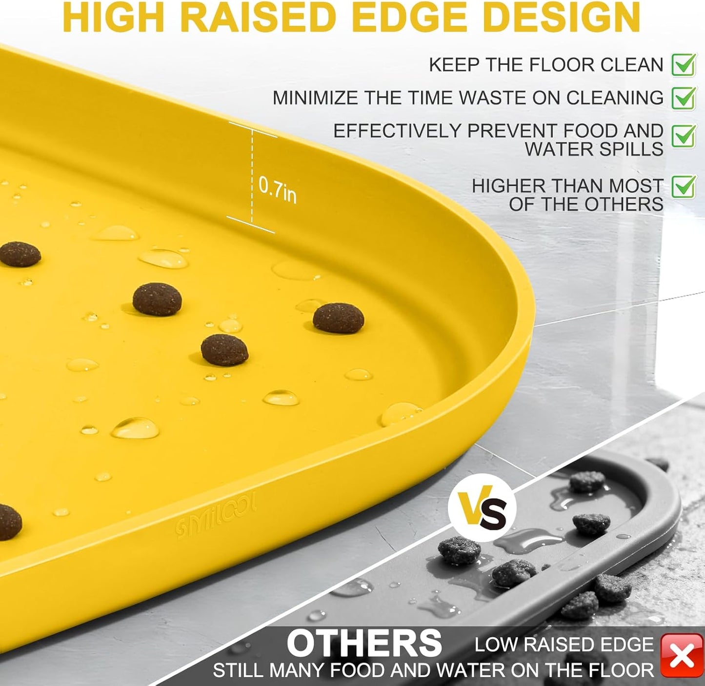 Waterproof Silicone Pet Food Mat with Raised Edge for Dog & Cat | 19" x 12" Non-Slip Pet Feeding Mats with Lip for Food & Water Bowl, Food Grade, Easy Cleaning, Vivid Yellow