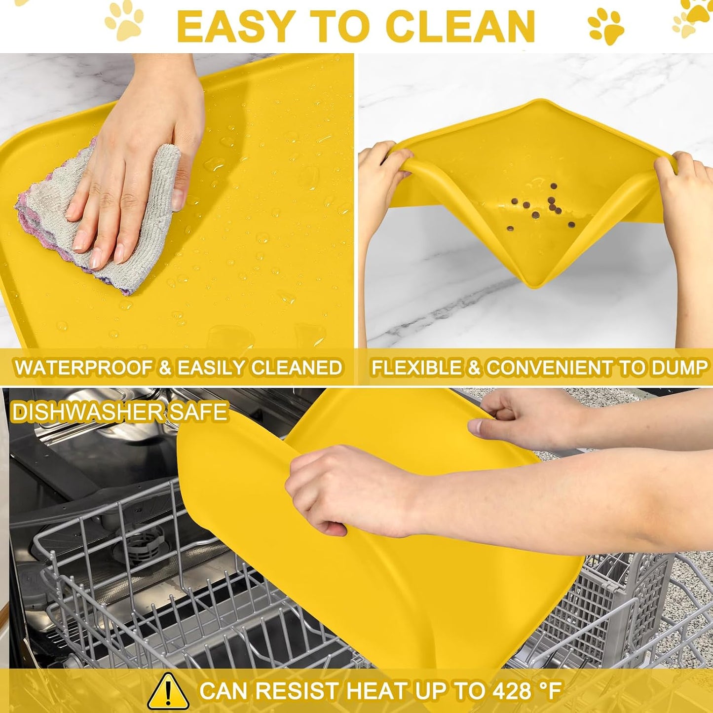 Waterproof Silicone Pet Food Mat with Raised Edge for Dog & Cat | 19" x 12" Non-Slip Pet Feeding Mats with Lip for Food & Water Bowl, Food Grade, Easy Cleaning, Vivid Yellow