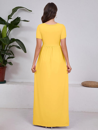 Maxi Dress for Women Short Sleeve Casual Summer Loose Plain Comfy Long Dresses with Pockets