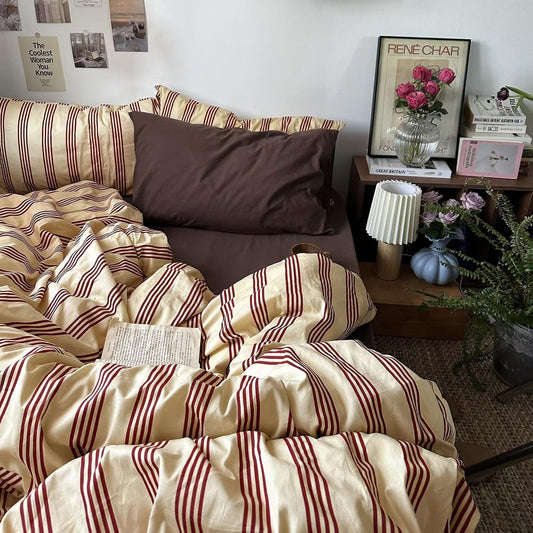 Vintage Washed Cotton Stripe Comforter Set - King Size Lightweight Breathable Bedding, Yellow & Rust Stripe Farmhouse 3-Piece Set
