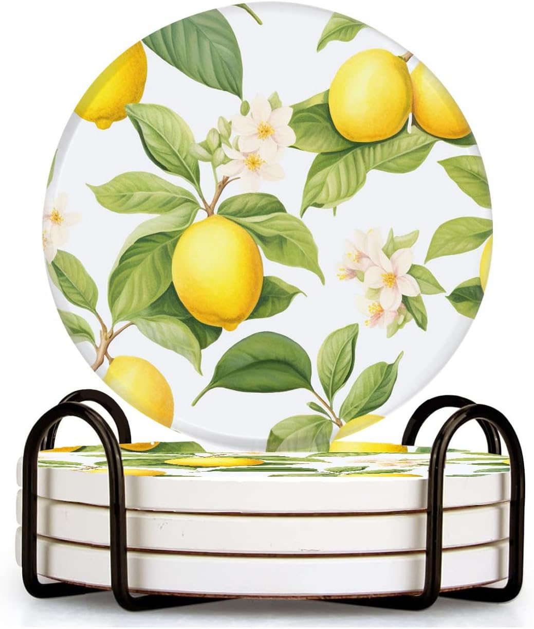 Fresh Yellow Lemon White Style Set of 4 Ceramic Coasters with Holder,Absorbent Drink Bar Coasters,Table Coasters