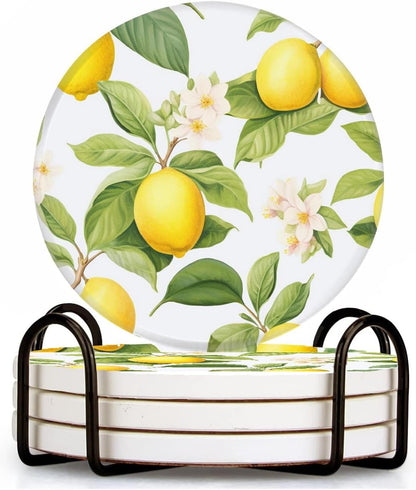 Fresh Yellow Lemon White Style Set of 4 Ceramic Coasters with Holder,Absorbent Drink Bar Coasters,Table Coasters