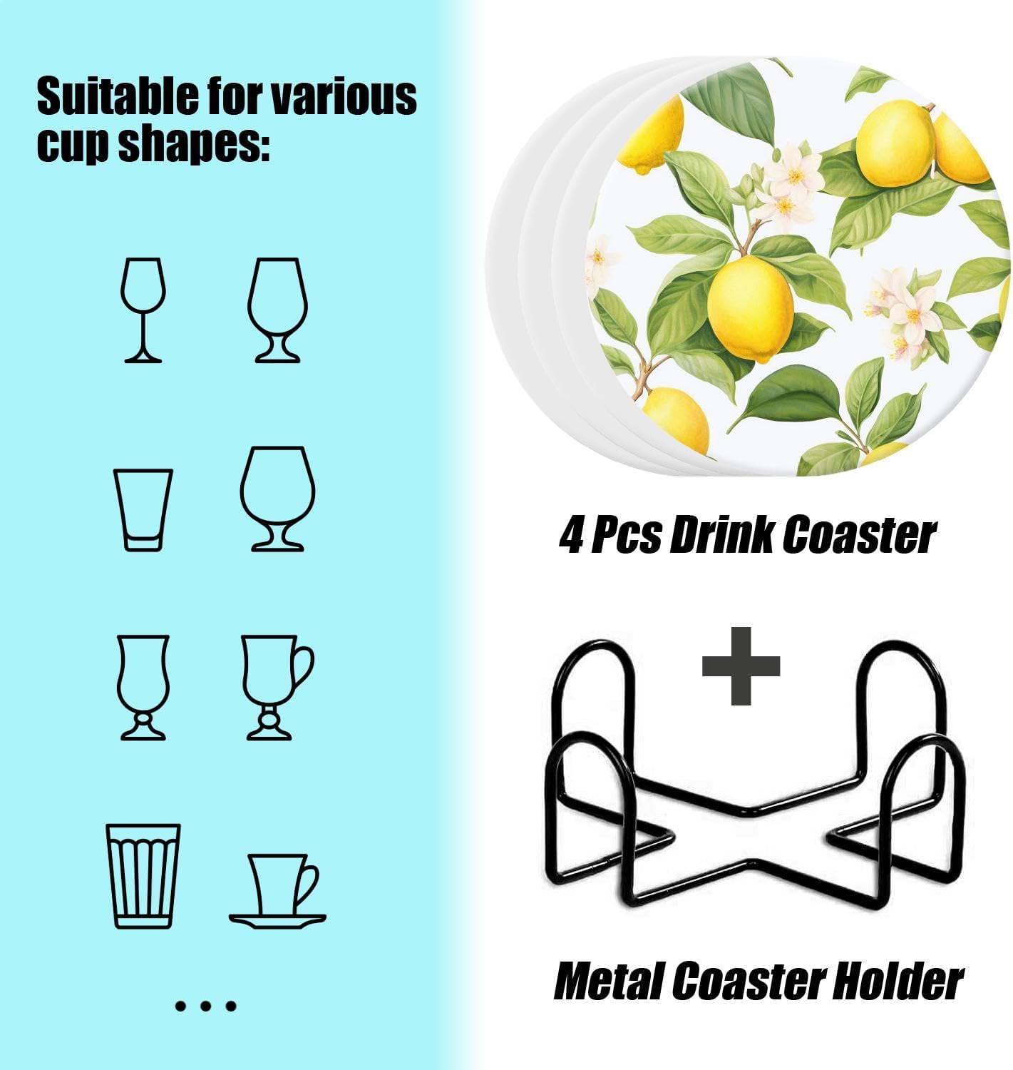Fresh Yellow Lemon White Style Set of 4 Ceramic Coasters with Holder,Absorbent Drink Bar Coasters,Table Coasters