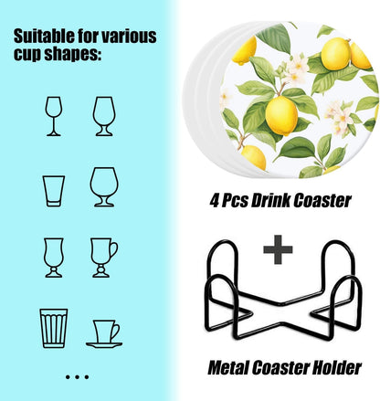 Fresh Yellow Lemon White Style Set of 4 Ceramic Coasters with Holder,Absorbent Drink Bar Coasters,Table Coasters