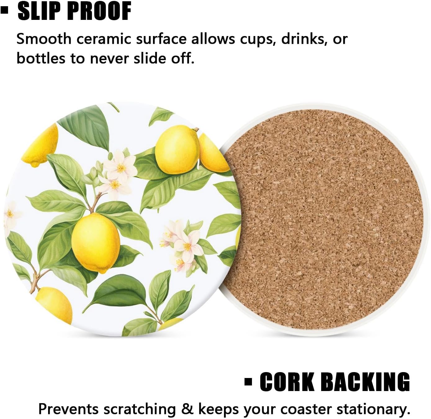 Fresh Yellow Lemon White Style Set of 4 Ceramic Coasters with Holder,Absorbent Drink Bar Coasters,Table Coasters