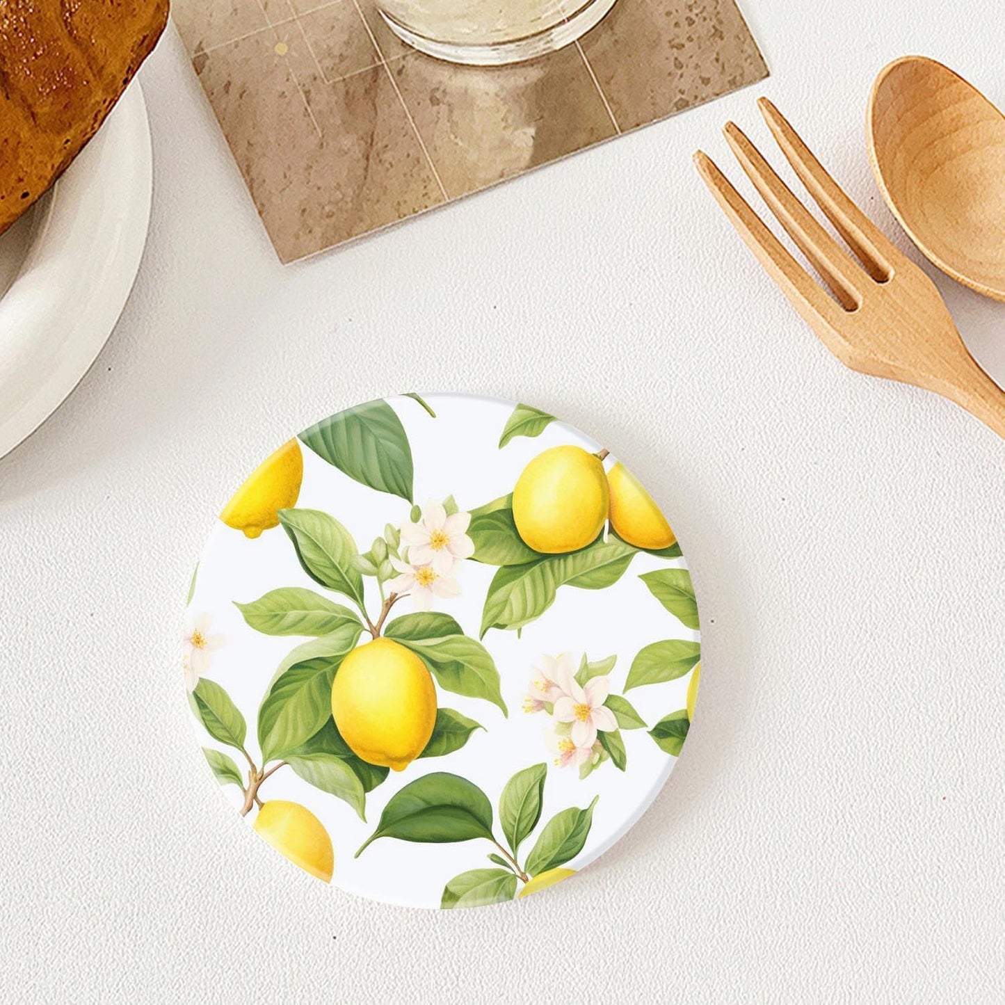 Fresh Yellow Lemon White Style Set of 4 Ceramic Coasters with Holder,Absorbent Drink Bar Coasters,Table Coasters