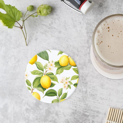 Fresh Yellow Lemon White Style Set of 4 Ceramic Coasters with Holder,Absorbent Drink Bar Coasters,Table Coasters