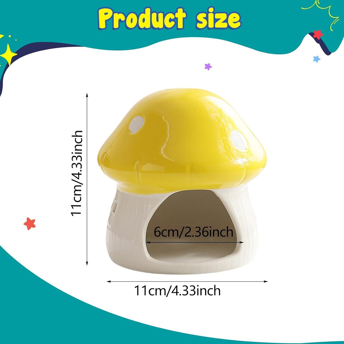 Ceramic Hamster House Small Animal Hideout Outdoor Cartoon Multipurpose Hamster Hide Bed Mushroom Shaped for Rats Chipmunk, Yellow