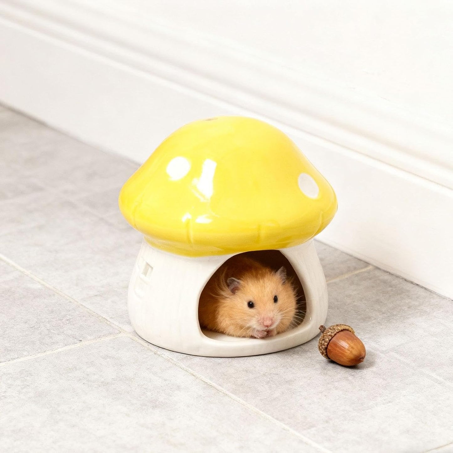 Ceramic Hamster House Small Animal Hideout Outdoor Cartoon Multipurpose Hamster Hide Bed Mushroom Shaped for Rats Chipmunk, Yellow