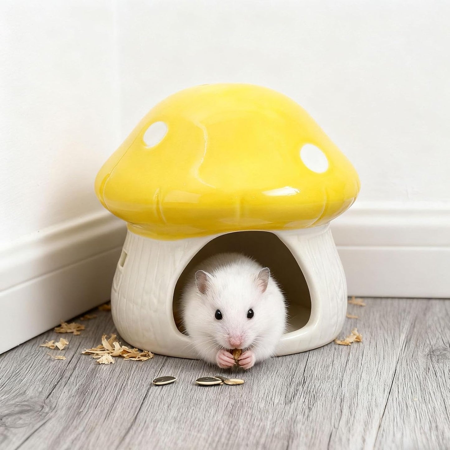 Ceramic Hamster House Small Animal Hideout Outdoor Cartoon Multipurpose Hamster Hide Bed Mushroom Shaped for Rats Chipmunk, Yellow