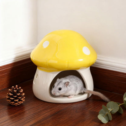 Ceramic Hamster House Small Animal Hideout Outdoor Cartoon Multipurpose Hamster Hide Bed Mushroom Shaped for Rats Chipmunk, Yellow