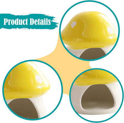 Ceramic Hamster House Small Animal Hideout Outdoor Cartoon Multipurpose Hamster Hide Bed Mushroom Shaped for Rats Chipmunk, Yellow