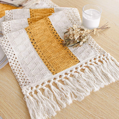 Boho Table Runner for Summer Home Decor with Tassels 72 Inches Long Farmhouse Yellow Rustic Table Decoration Macrame Burlap Decor for Living Room Bridal Shower (12x72 Inches)
