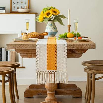 Boho Table Runner for Summer Home Decor with Tassels 72 Inches Long Farmhouse Yellow Rustic Table Decoration Macrame Burlap Decor for Living Room Bridal Shower (12x72 Inches)