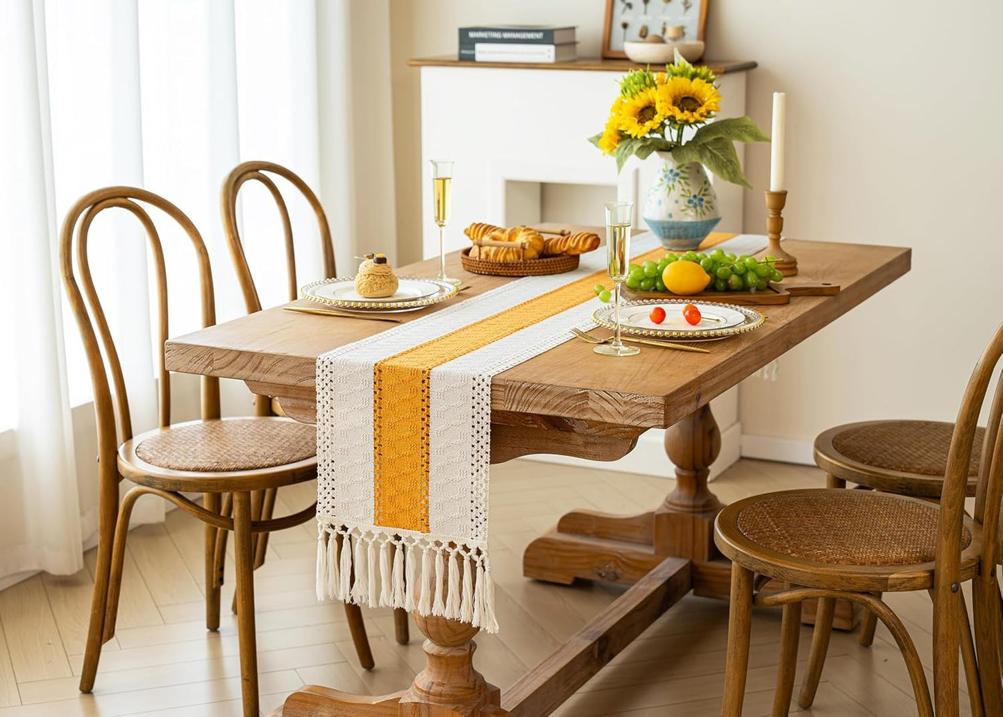 Boho Table Runner for Summer Home Decor with Tassels 72 Inches Long Farmhouse Yellow Rustic Table Decoration Macrame Burlap Decor for Living Room Bridal Shower (12x72 Inches)
