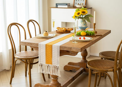 Boho Table Runner for Summer Home Decor with Tassels 72 Inches Long Farmhouse Yellow Rustic Table Decoration Macrame Burlap Decor for Living Room Bridal Shower (12x72 Inches)