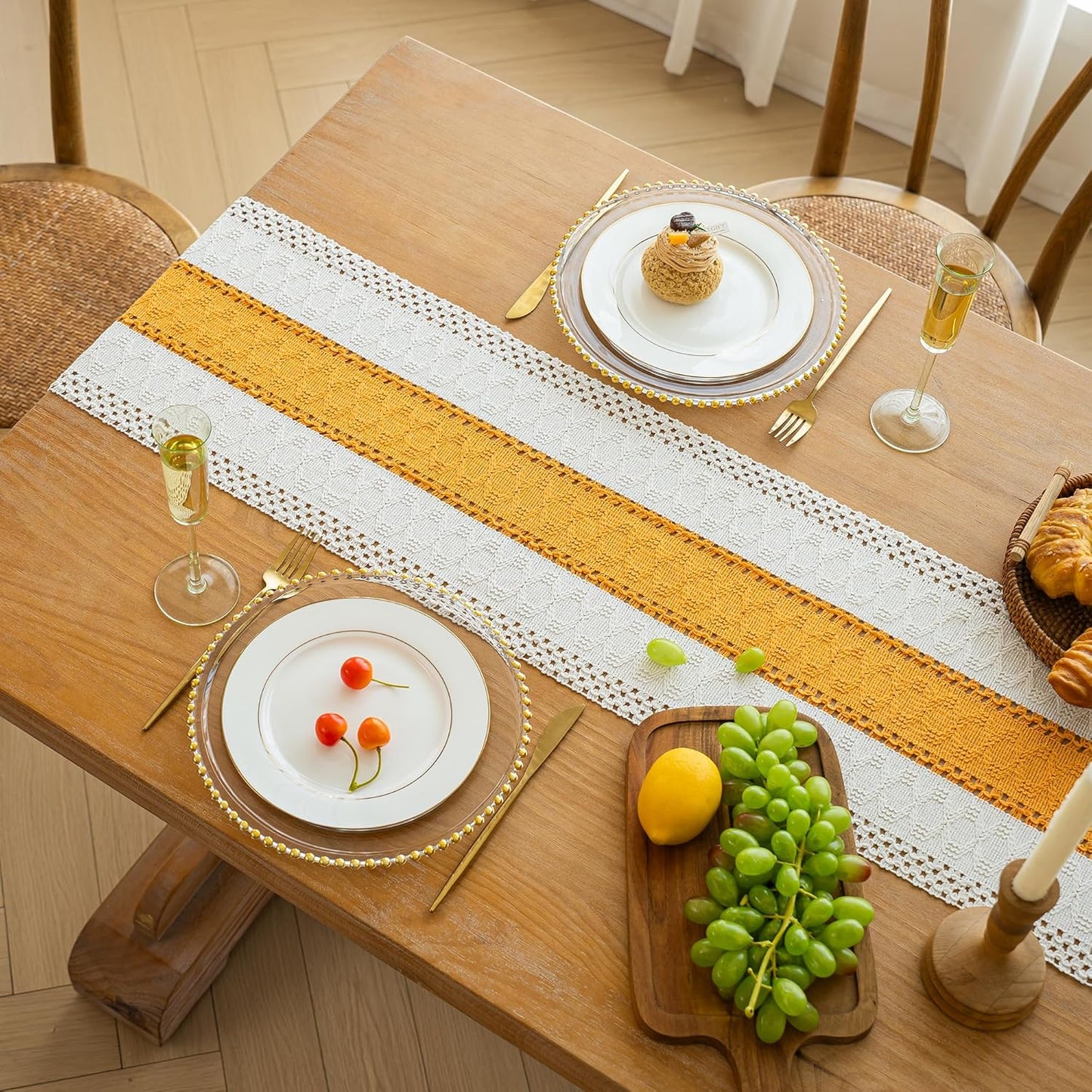 Boho Table Runner for Summer Home Decor with Tassels 72 Inches Long Farmhouse Yellow Rustic Table Decoration Macrame Burlap Decor for Living Room Bridal Shower (12x72 Inches)