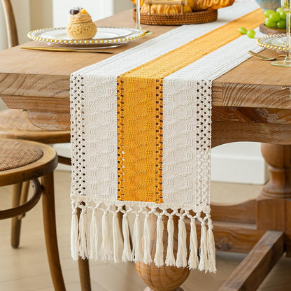 Boho Table Runner for Summer Home Decor with Tassels 72 Inches Long Farmhouse Yellow Rustic Table Decoration Macrame Burlap Decor for Living Room Bridal Shower (12x72 Inches)