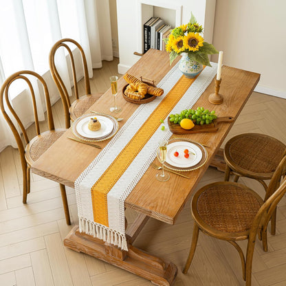 Boho Table Runner for Summer Home Decor with Tassels 72 Inches Long Farmhouse Yellow Rustic Table Decoration Macrame Burlap Decor for Living Room Bridal Shower (12x72 Inches)