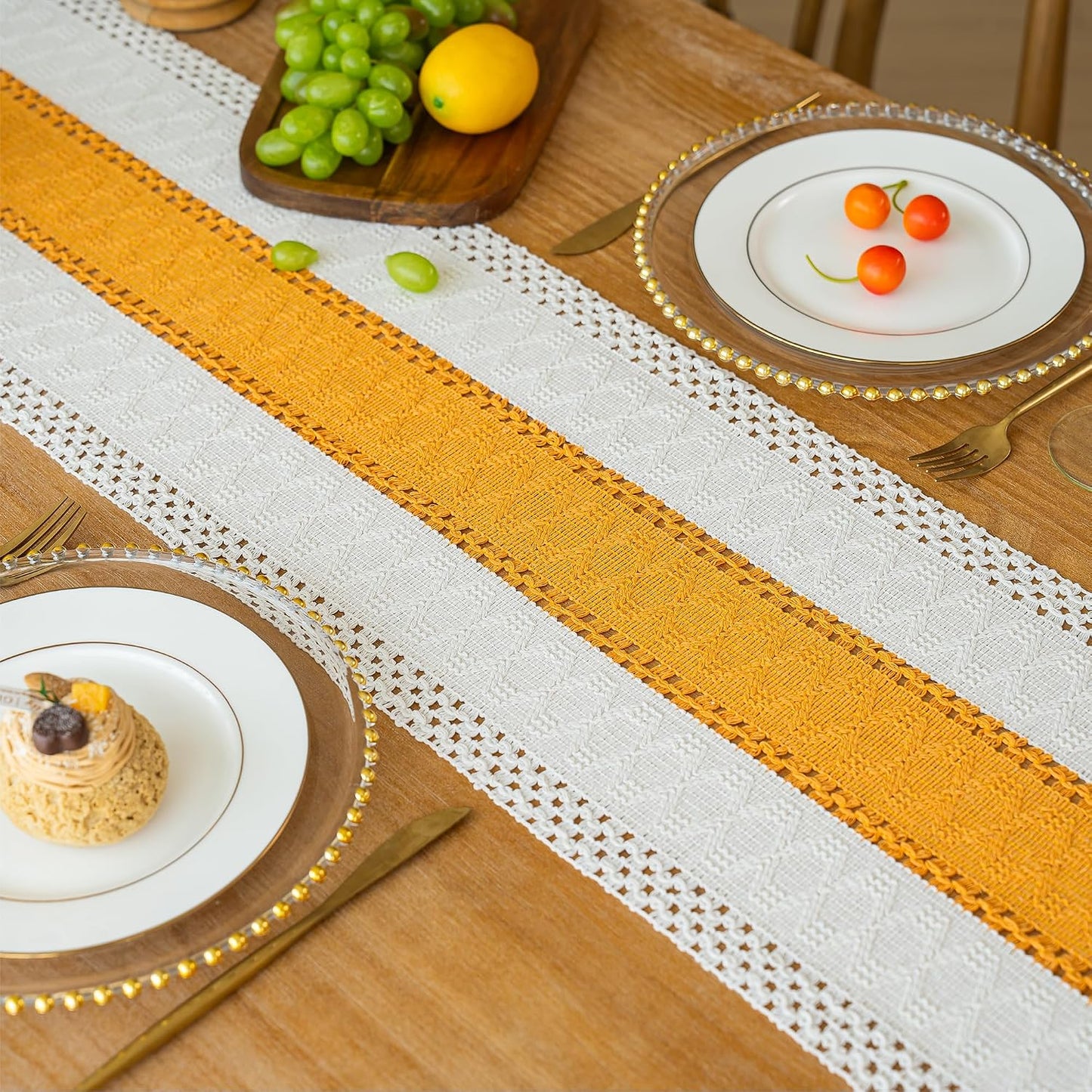 Boho Table Runner for Summer Home Decor with Tassels 72 Inches Long Farmhouse Yellow Rustic Table Decoration Macrame Burlap Decor for Living Room Bridal Shower (12x72 Inches)