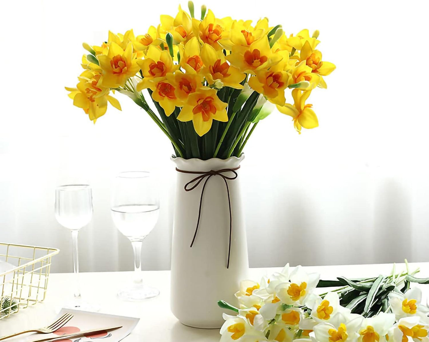 10 Pcs Artificial Daffodils Flowers Narcissus Faux Spring Flowers Fake Silk Daffodil Flower Arrangement for Indoor Outdoor Home Wedding Decor (10, Yellow)