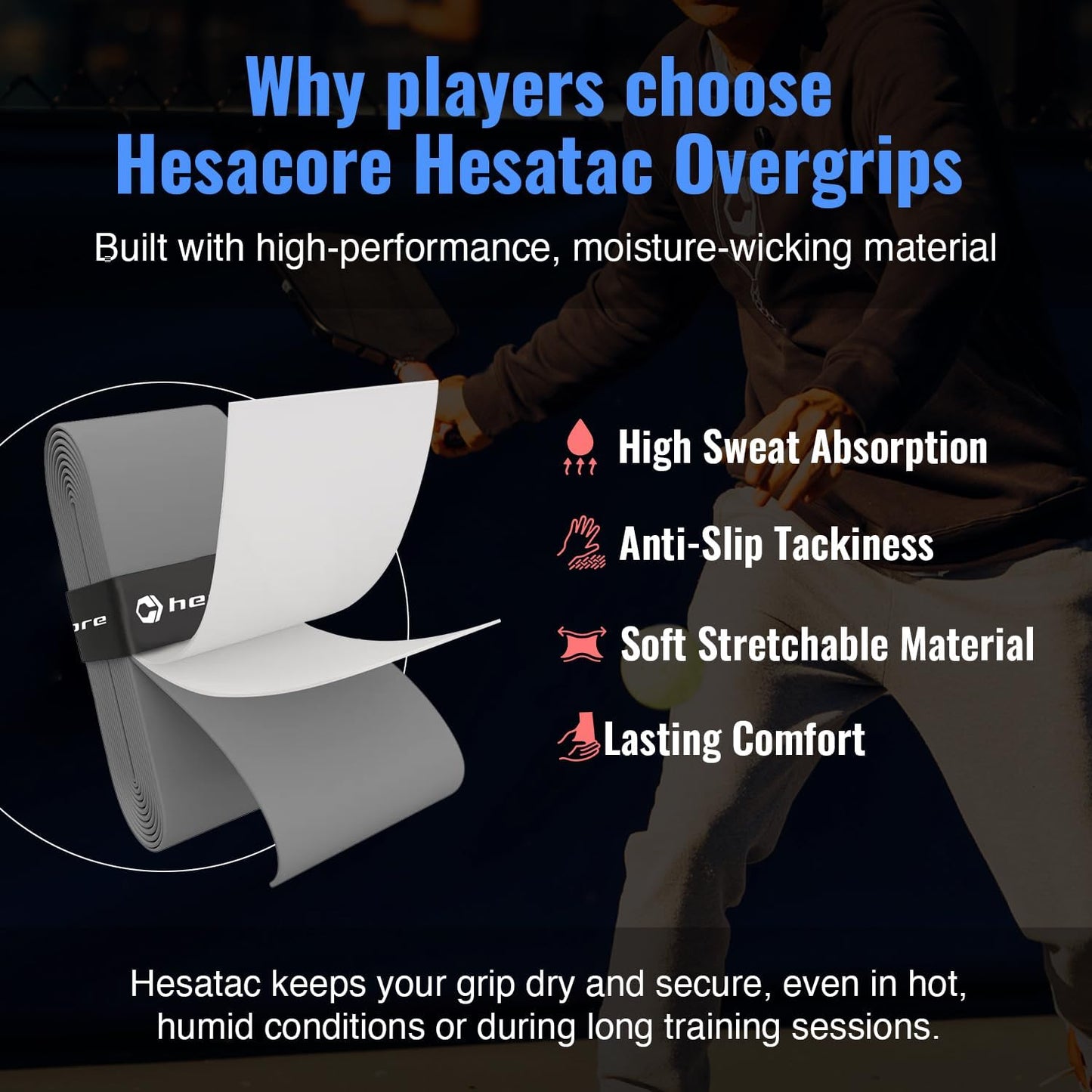 Hesatac Overgrip Tape – for Pickleball, Padel & Tennis – Made for Grips – Sweat Absorbing, Soft, Anti-Slip, Stretchable Overgrip