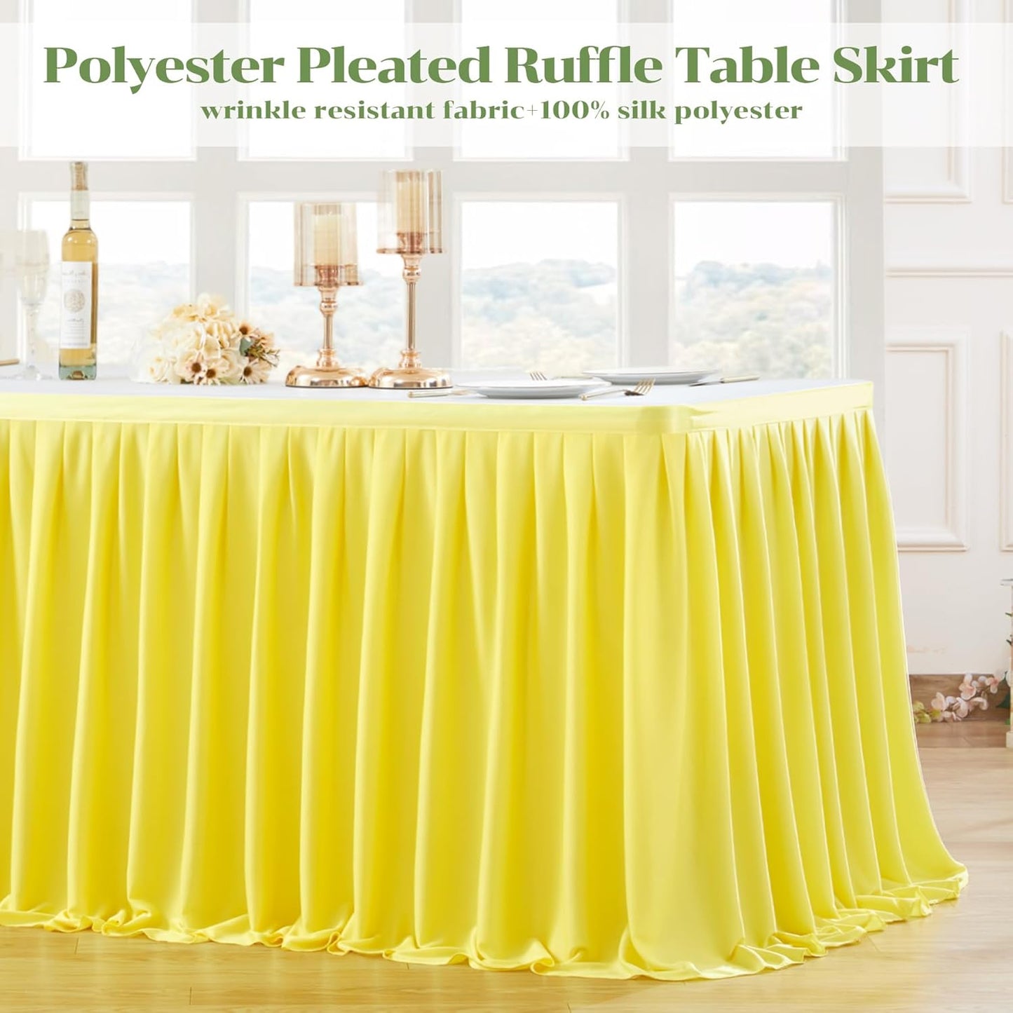 Yellow Polyester Table Skirt for Rectangle Tables 9ft, Wrinkle Resistant Pleated Ruffle Table Cloth for Banquet Wedding Trade Baby Shower Display Gift Dining Table