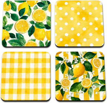 Lemon Fresh Absorbent 4pc Coaster Set – Citrus, Polka Dot, and Gingham Drink Coasters with Non‑Slip Backing (Lemon)