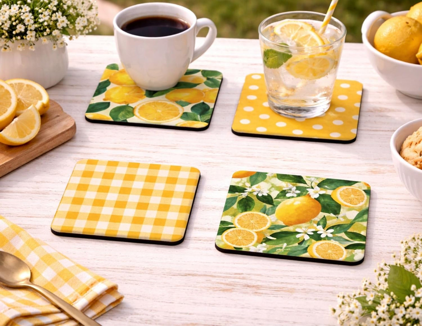 Lemon Fresh Absorbent 4pc Coaster Set – Citrus, Polka Dot, and Gingham Drink Coasters with Non‑Slip Backing (Lemon)