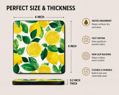 Lemon Fresh Absorbent 4pc Coaster Set – Citrus, Polka Dot, and Gingham Drink Coasters with Non‑Slip Backing (Lemon)