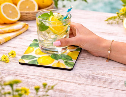 Lemon Fresh Absorbent 4pc Coaster Set – Citrus, Polka Dot, and Gingham Drink Coasters with Non‑Slip Backing (Lemon)