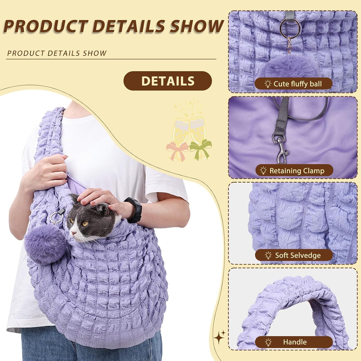 Pet Sling Carrier for Kittens Puppies, Puffy Quilted Bubble Carrying Pouch with Retaining Clamp and Fluffy Ball, Cross Hands Free Pet Carriers Bag for 11 Lbs Dogs Cats（Yellow）