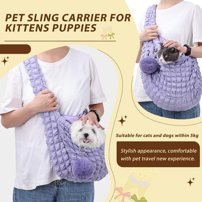 Pet Sling Carrier for Kittens Puppies, Puffy Quilted Bubble Carrying Pouch with Retaining Clamp and Fluffy Ball, Cross Hands Free Pet Carriers Bag for 11 Lbs Dogs Cats（Yellow）