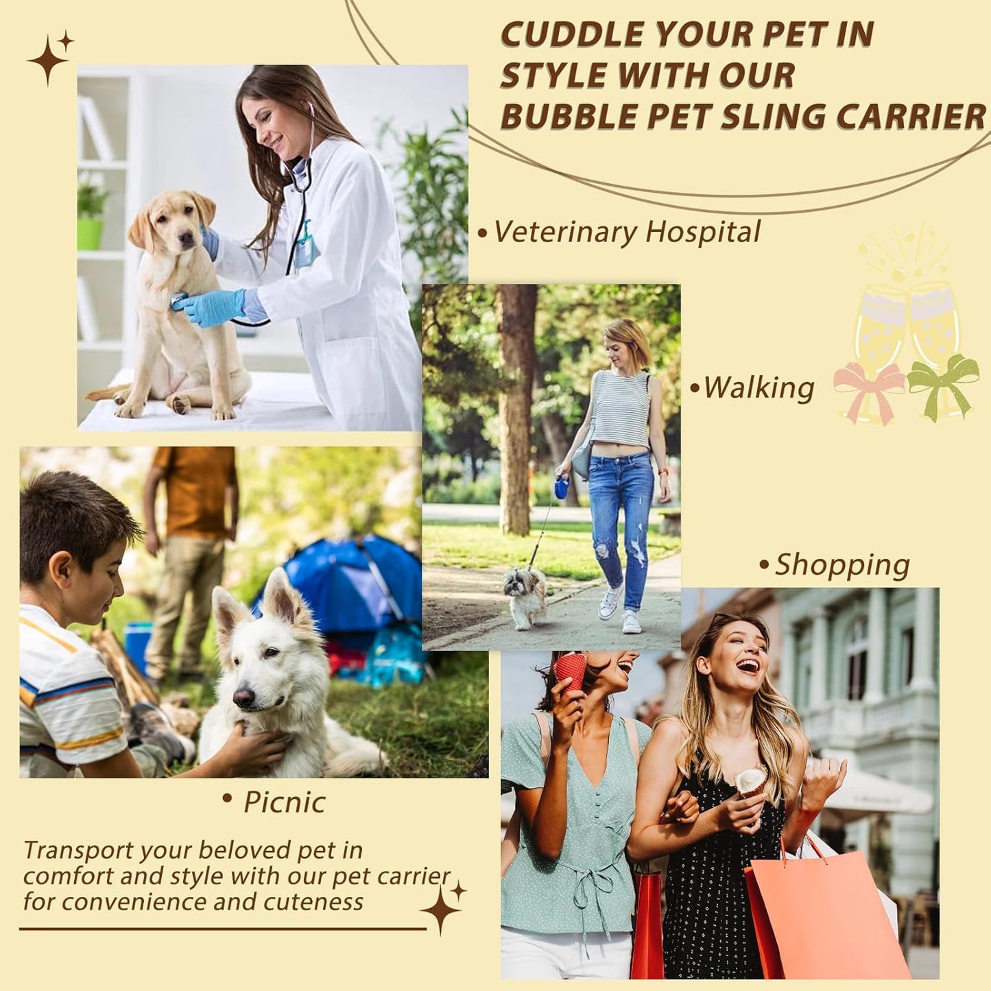 Pet Sling Carrier for Kittens Puppies, Puffy Quilted Bubble Carrying Pouch with Retaining Clamp and Fluffy Ball, Cross Hands Free Pet Carriers Bag for 11 Lbs Dogs Cats（Yellow）