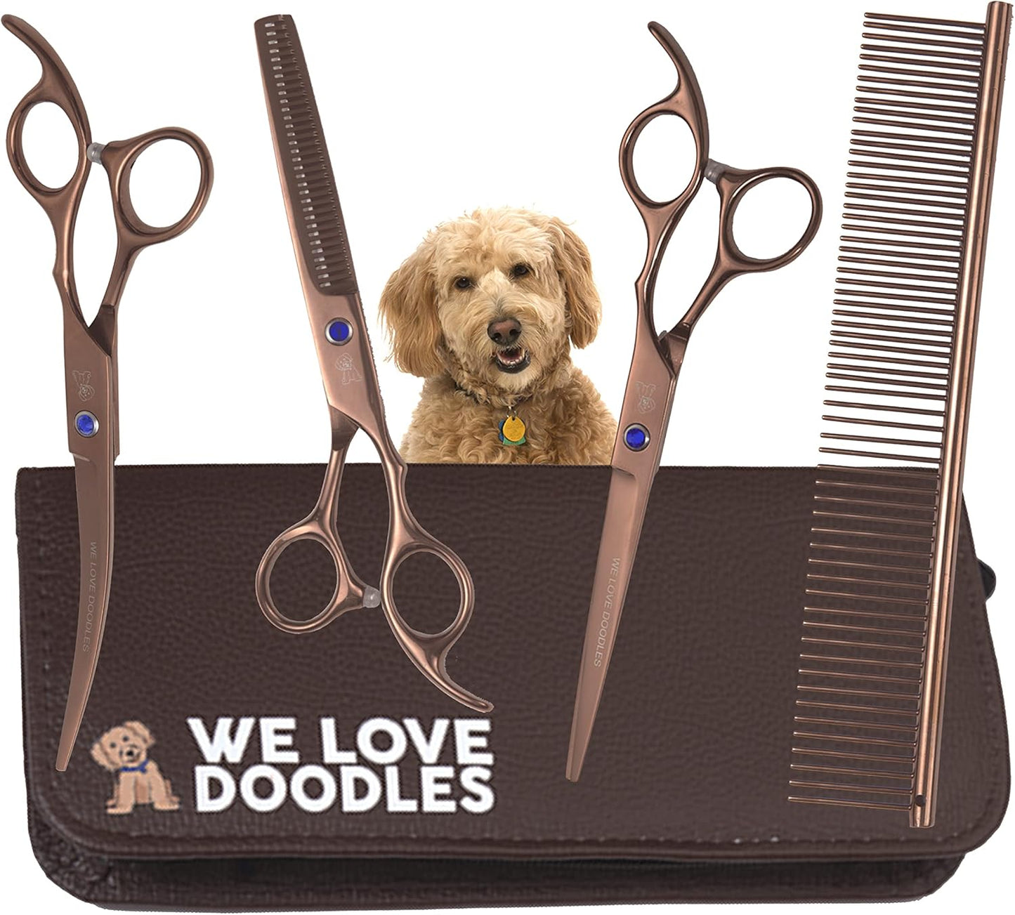 Dog Grooming Scissors Kit - Best Tools for Goldendoodles & Poodles - Straight, Curved & Thinning Shears - Professional Grade Stainless Steel, 4 Pc Set [ ]
