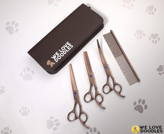 Dog Grooming Scissors Kit - Best Tools for Goldendoodles & Poodles - Straight, Curved & Thinning Shears - Professional Grade Stainless Steel, 4 Pc Set [ ]
