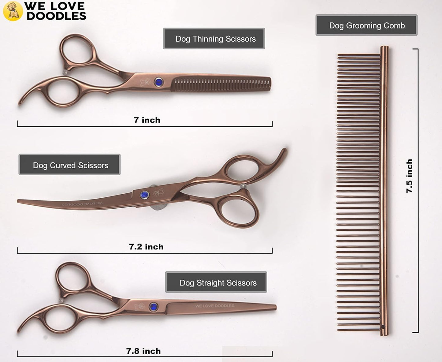 Dog Grooming Scissors Kit - Best Tools for Goldendoodles & Poodles - Straight, Curved & Thinning Shears - Professional Grade Stainless Steel, 4 Pc Set [ ]