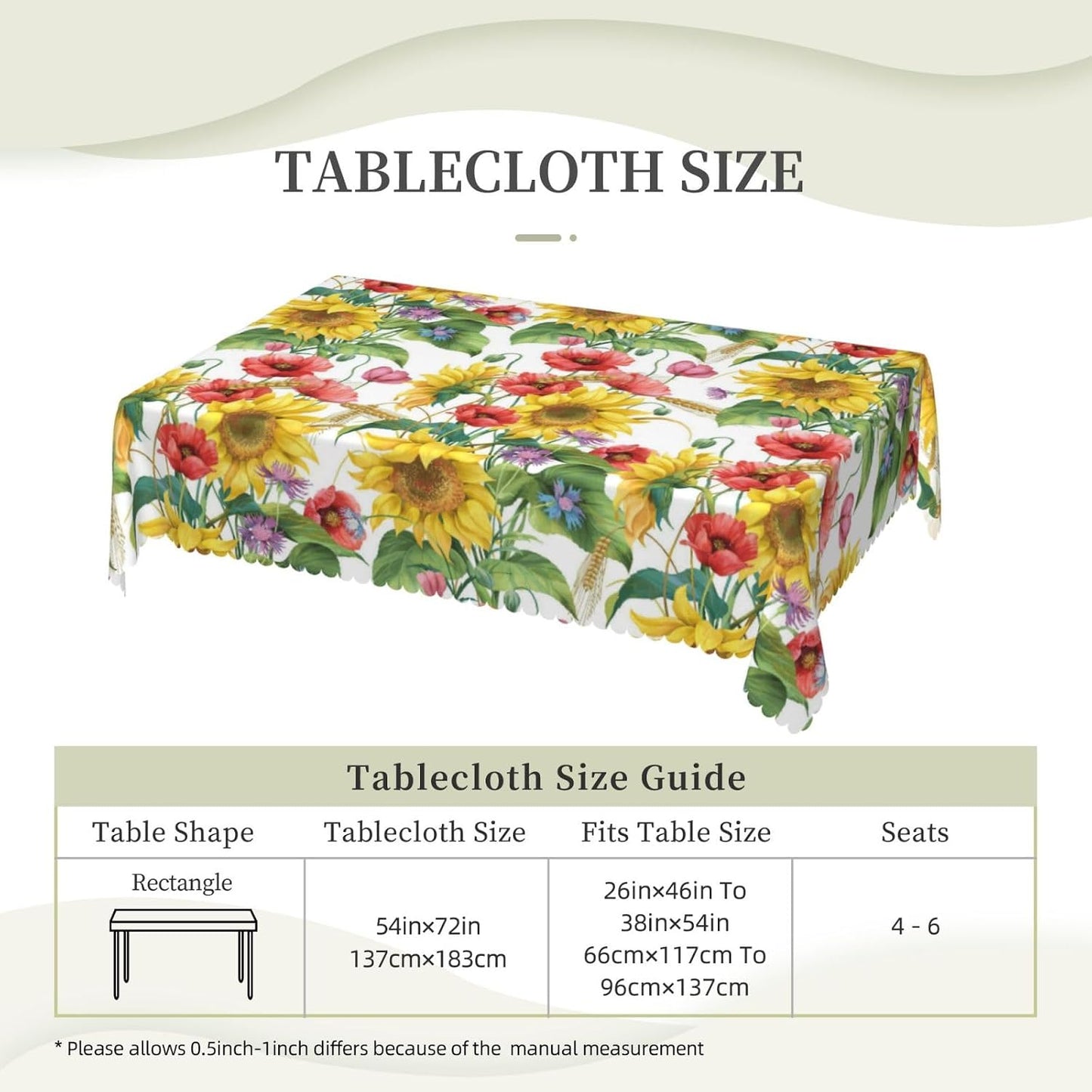 Sunflower Floral Red Rectangular Tablecloth Yellow Flower Table Cloth with Wavy Lace Decoration Summer Florals Table Cover for Dining Holiday Parties Birthday Rectangle Tablecloths 54x72 inch