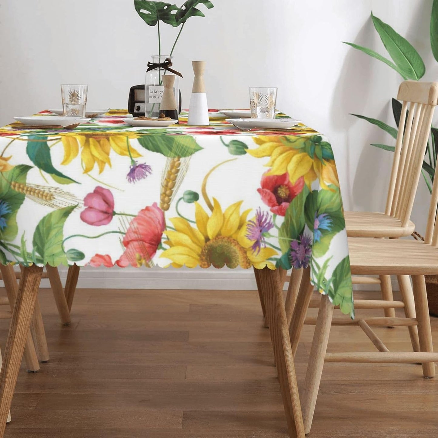 Sunflower Floral Red Rectangular Tablecloth Yellow Flower Table Cloth with Wavy Lace Decoration Summer Florals Table Cover for Dining Holiday Parties Birthday Rectangle Tablecloths 54x72 inch
