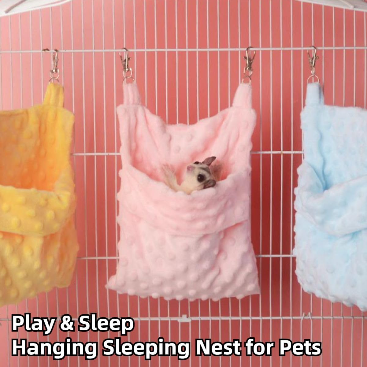Hamster Sleeping Bag with Hooks Small Animals Sleep Pouch Bad Small Pet Hanging Hammock Warm Soft Hideout for Sugarglider Hamster Rat Squirrels (Yellow)