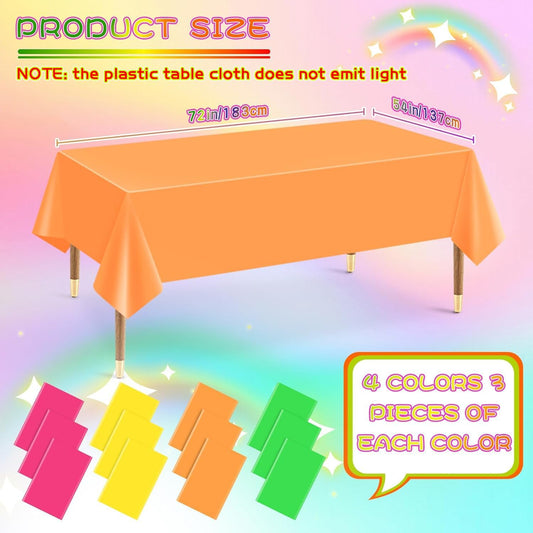 12 Pack Plastic Table Cloth Disposable Assorted Neon Colorful Rainbow Tablecloth Rectangle Bulk Solid Color Table Cover Party Supplies Birthday Wedding Home Fiesta Decorations (54 X 72 Inch)
